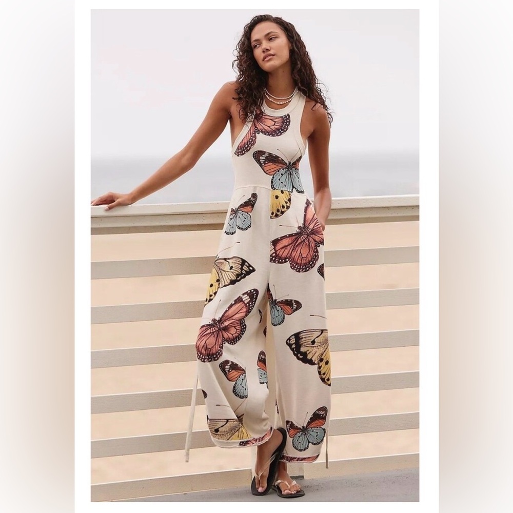 Sleeveless Butterfly Print Cream Jumpsuit